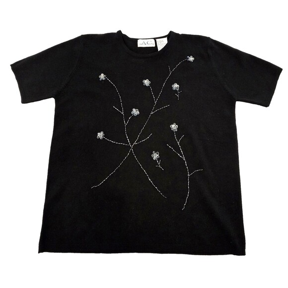 VINTAGE AC American Collection Sweater Womens Small Black Beaded Floral 90s - Picture 1 of 8